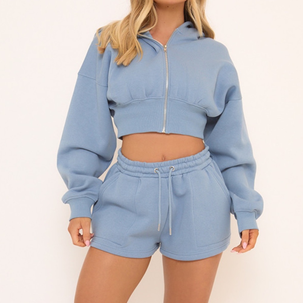 Blue Cropped Hoodie and Shorts Set